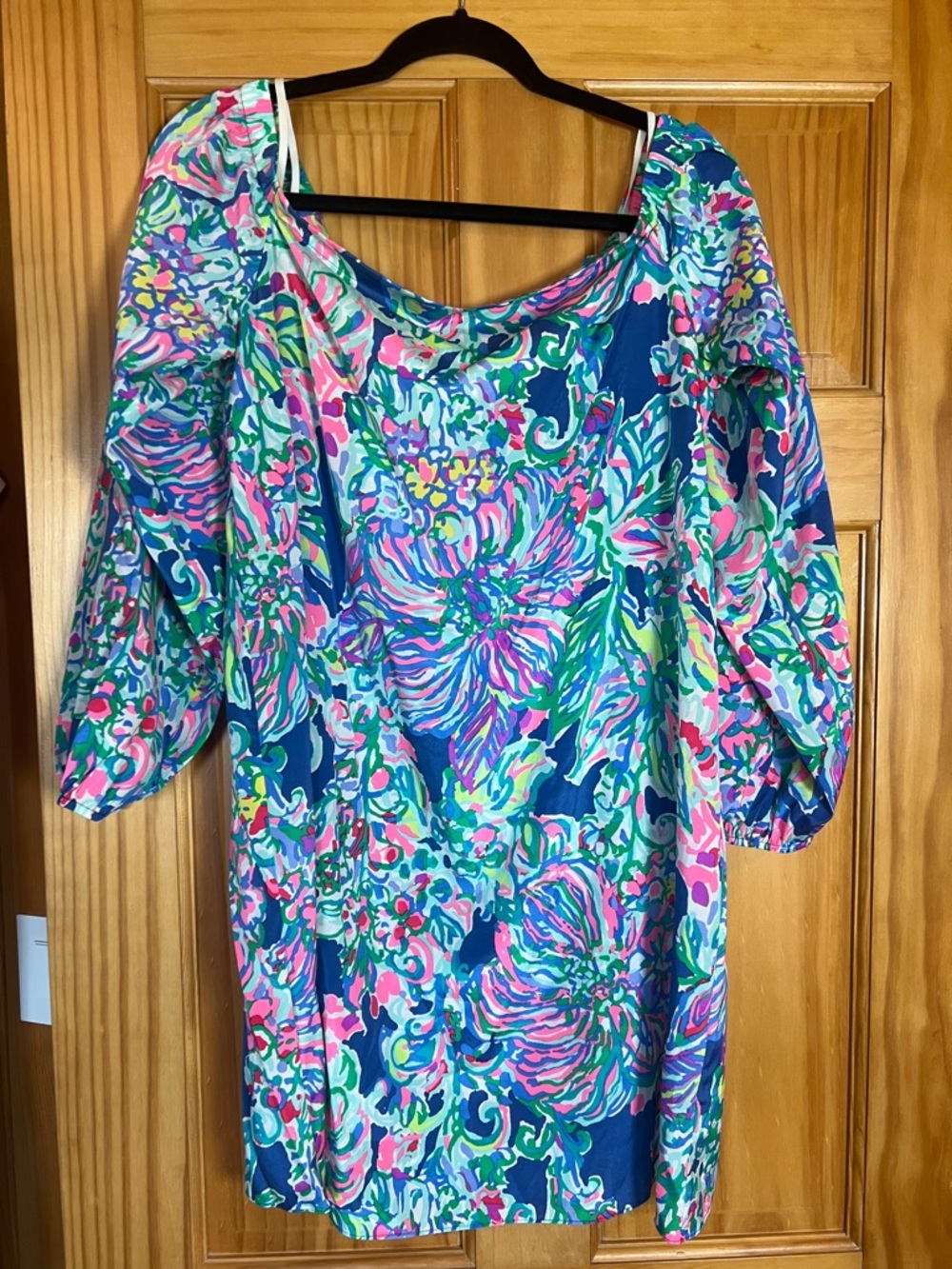 Lilly Pulitzer Adria silk bright Floral Off-Shoulder Dress in Blue, Pink & Green